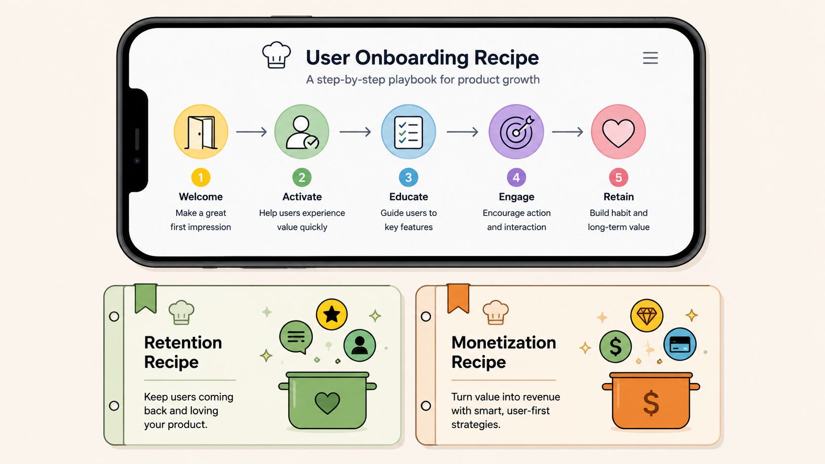 A digital illustration outlining a step-by-step user onboarding, retention, and monetization recipe for mobile app growth.