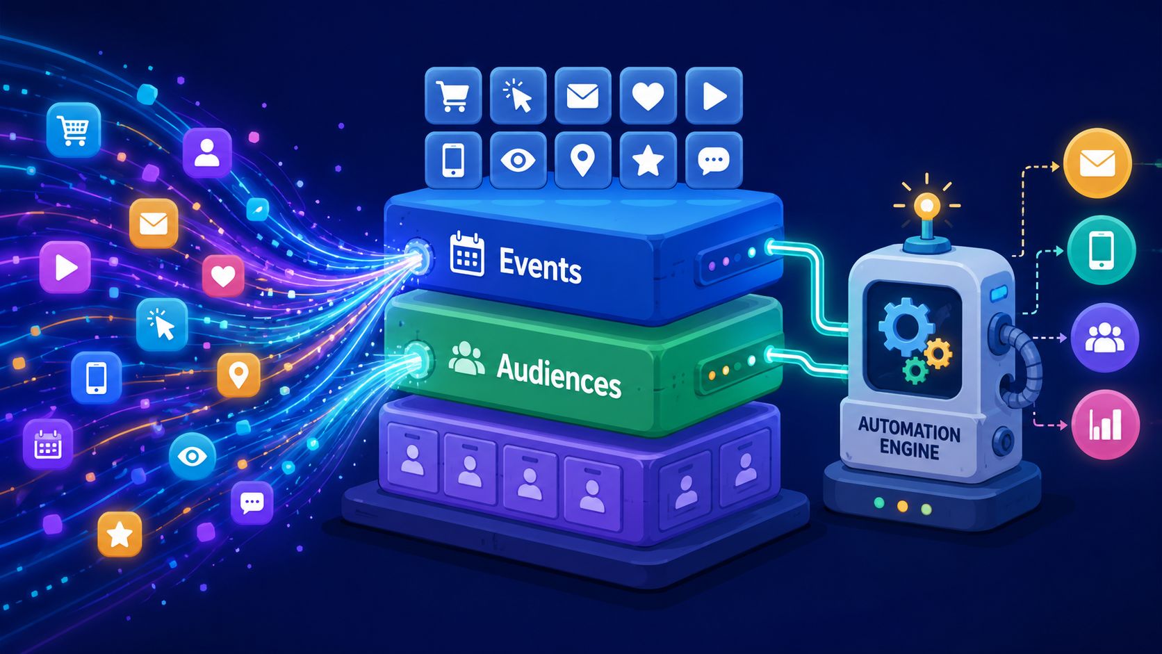 A digital illustration showing data streams flowing into a centralized marketing automation engine system for customer engagement.