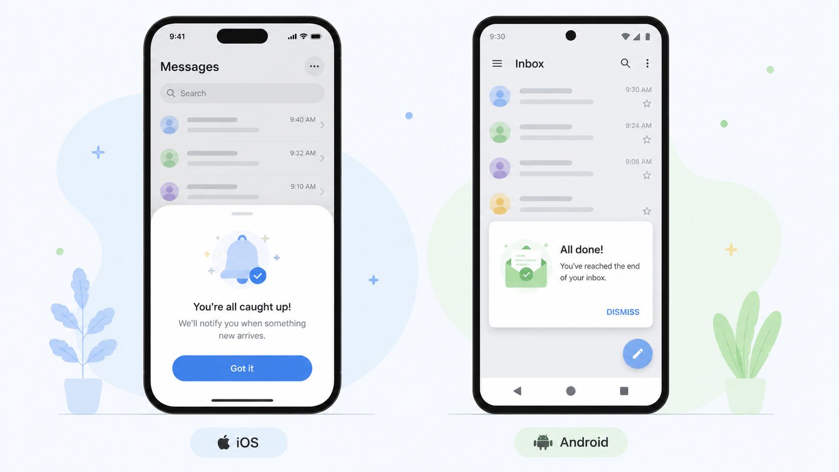 Visual comparison of UI designs for empty state notifications on iOS and Android messaging applications.