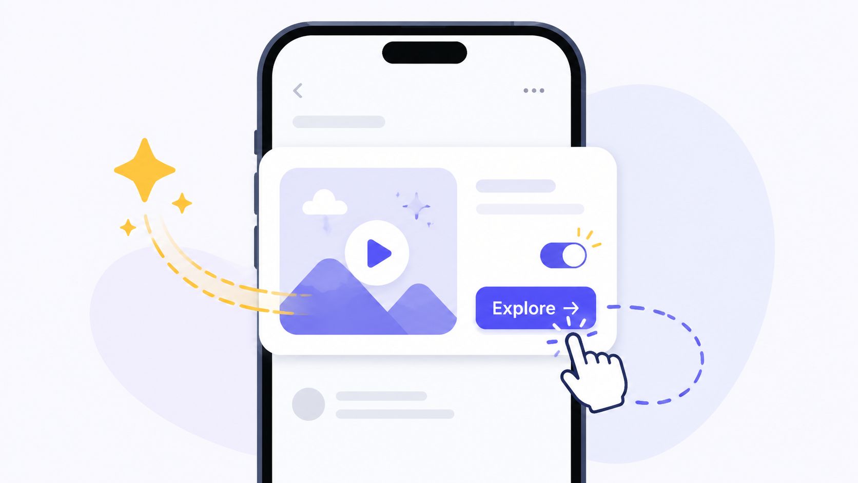 A smartphone screen displaying an interactive, illustrative in-app messaging modal with an Explore button being clicked.