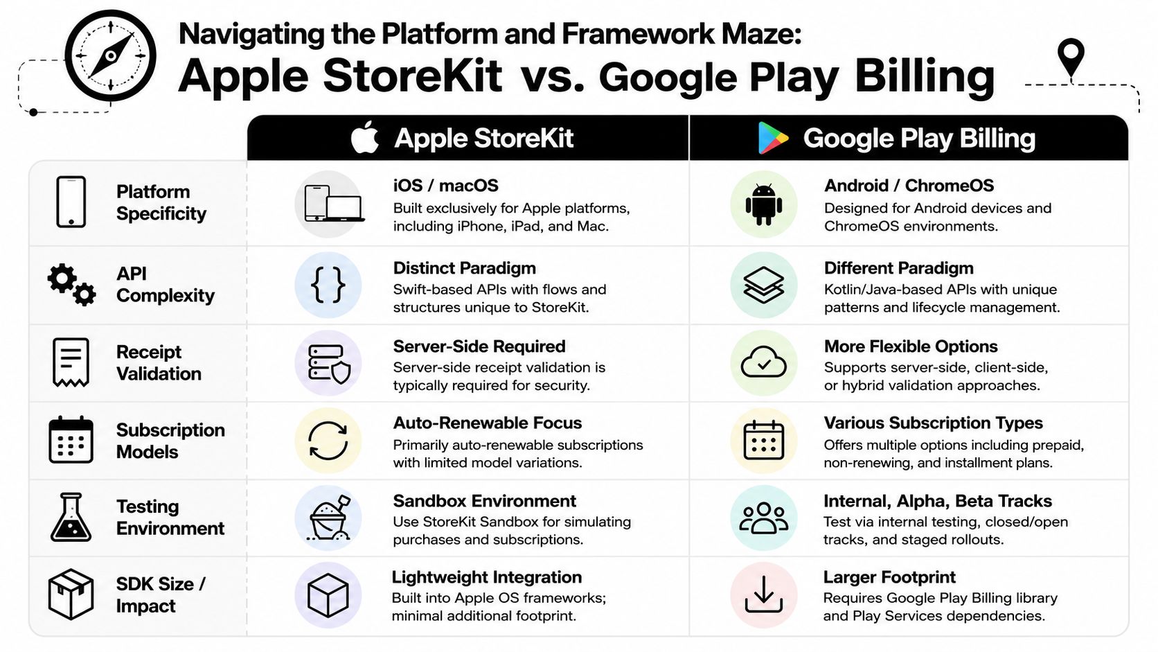 A comparison chart outlining key differences between Apple StoreKit and Google Play Billing for mobile app developers.