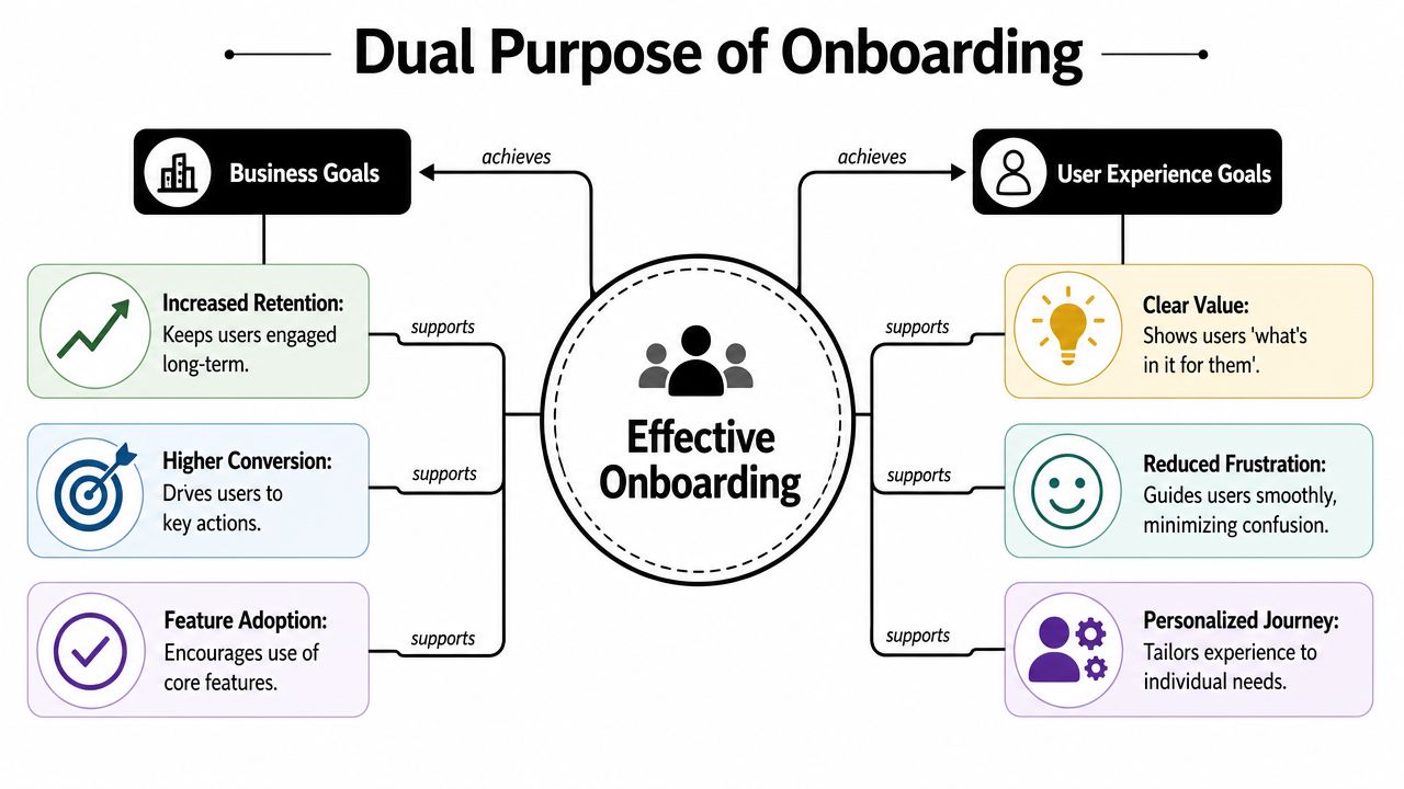 A diagram illustrating the dual purpose of effective onboarding for both business and user experience goals.