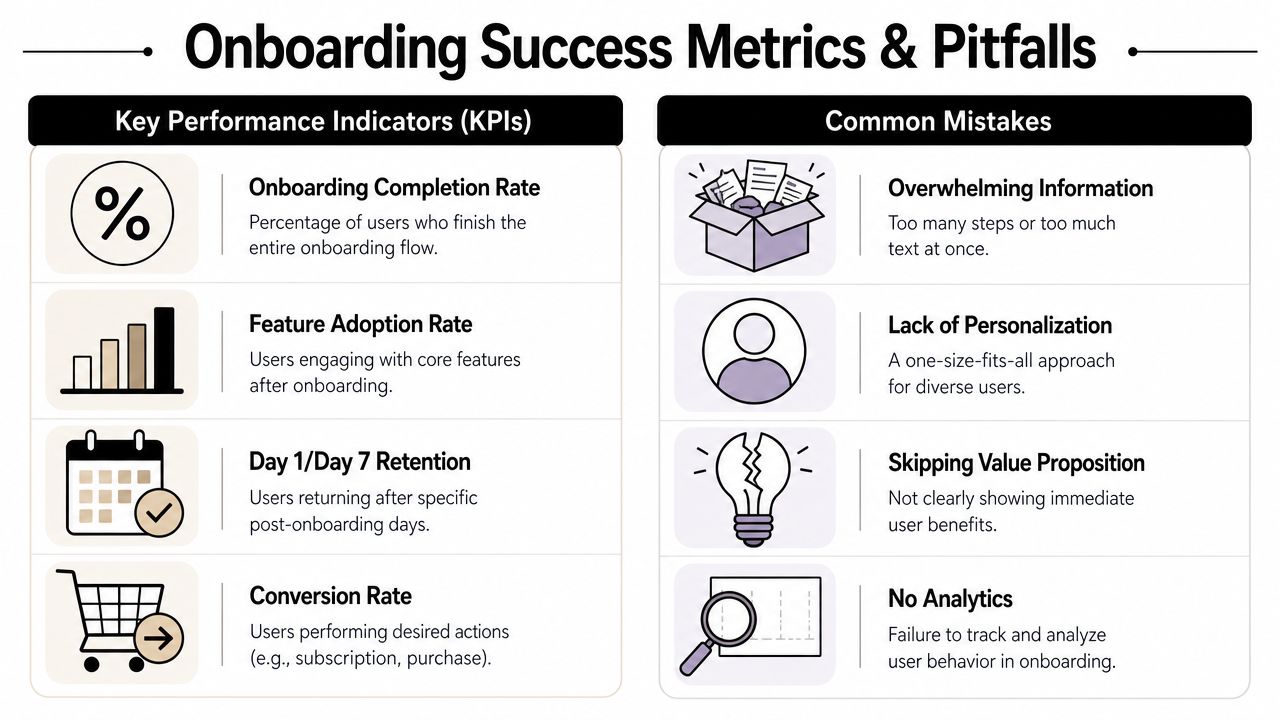 A visual guide comparing key performance indicators and common mistakes for improving user onboarding success.