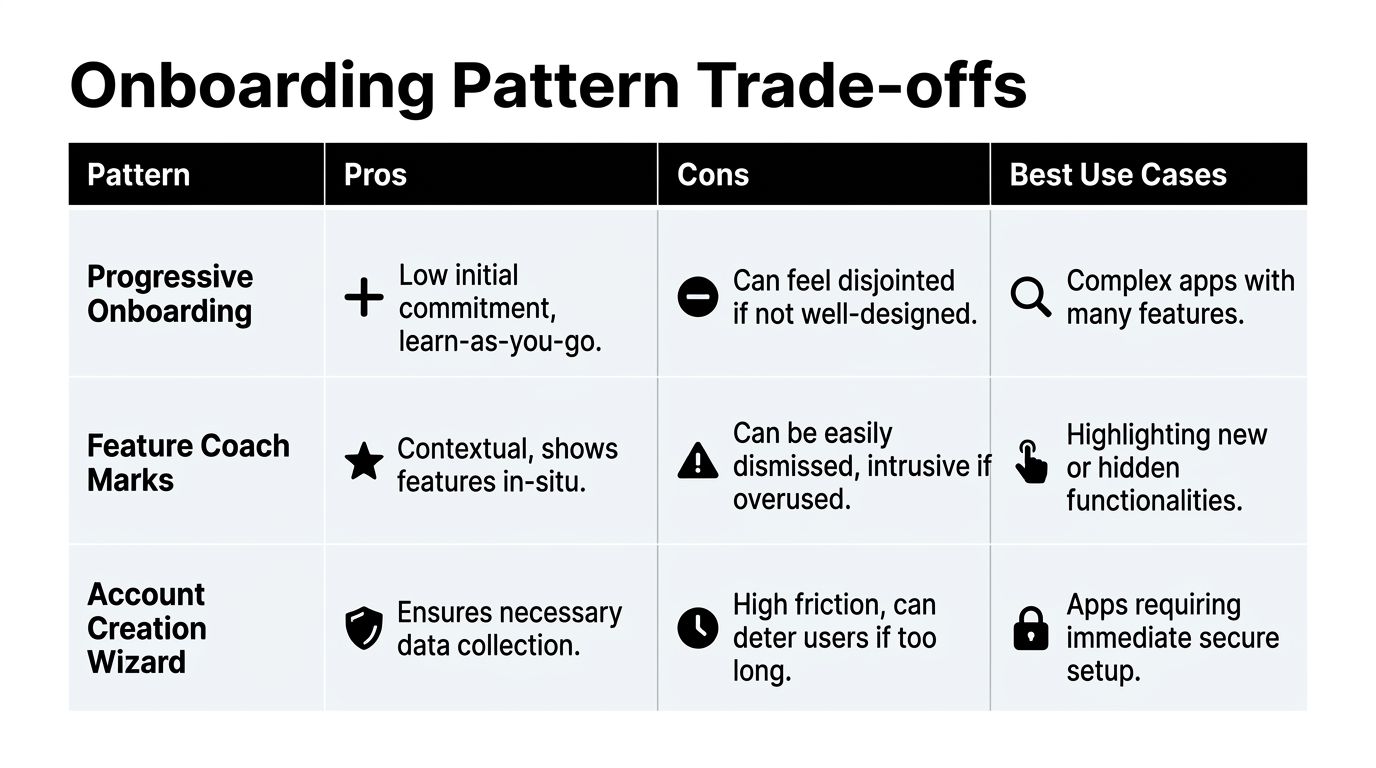 A table comparing the pros, cons, and use cases of progressive onboarding, feature coach marks, and account creation wizards.