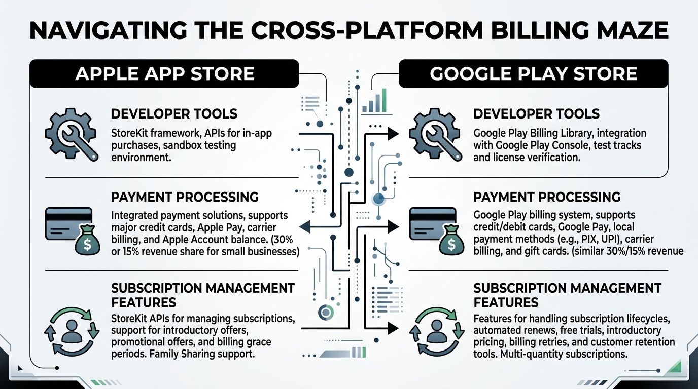 A comparison infographic detailing developer tools, payment processing, and subscription management for Apple App Store and Google Play Store.