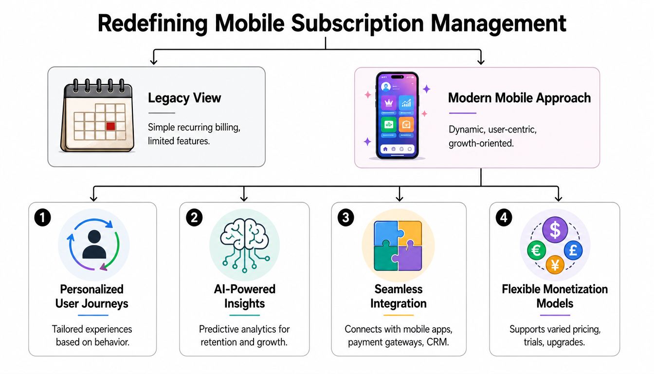 A diagram comparing traditional legacy subscription billing to a modern, growth-oriented mobile subscription management approach.