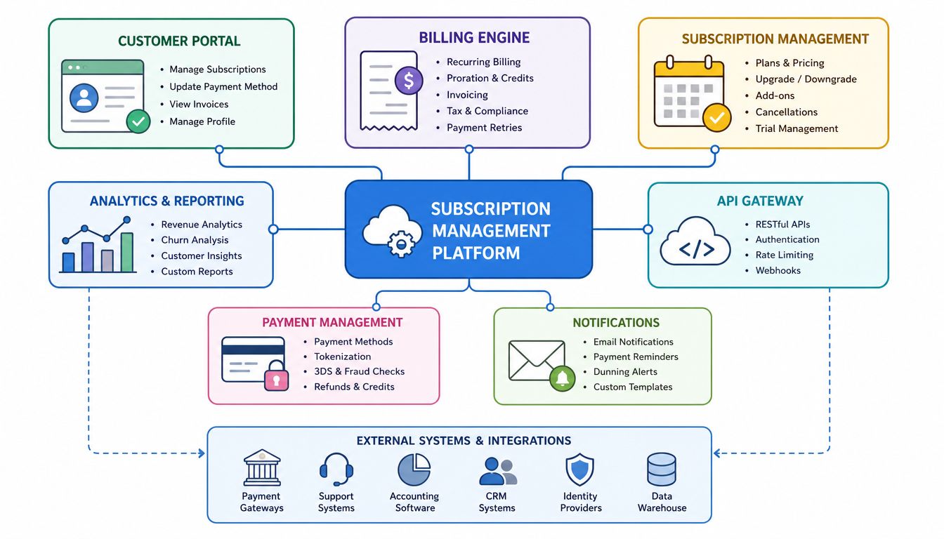 A diagram illustrating the core components and external integrations of a subscription management software platform.