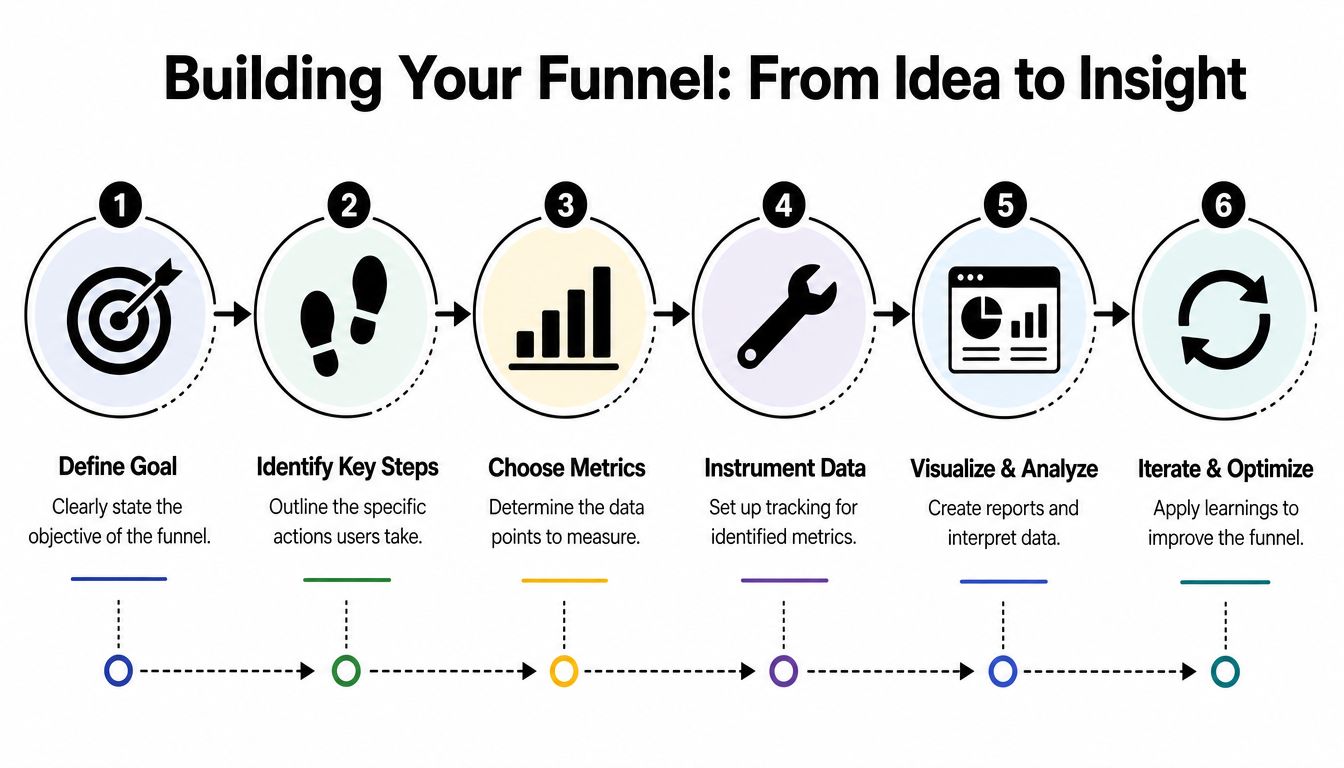 A six-step infographic illustrating the process of building a funnel from initial goal to optimization.
