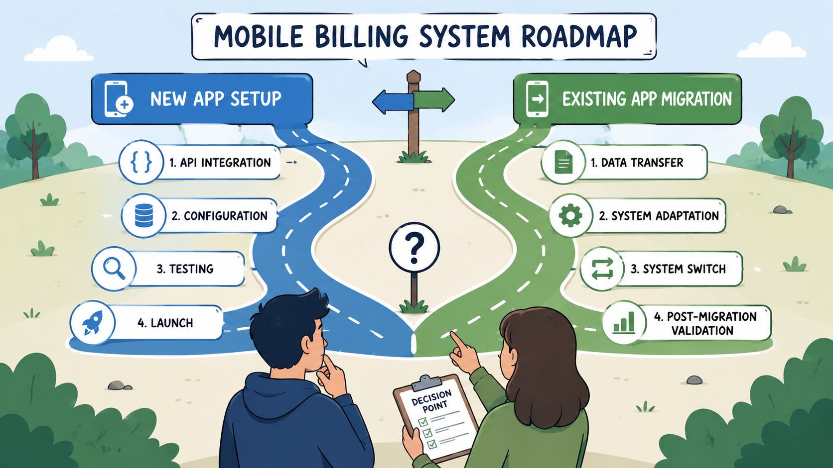 A roadmap for a mobile billing system showing paths for new app setup and existing app migration.