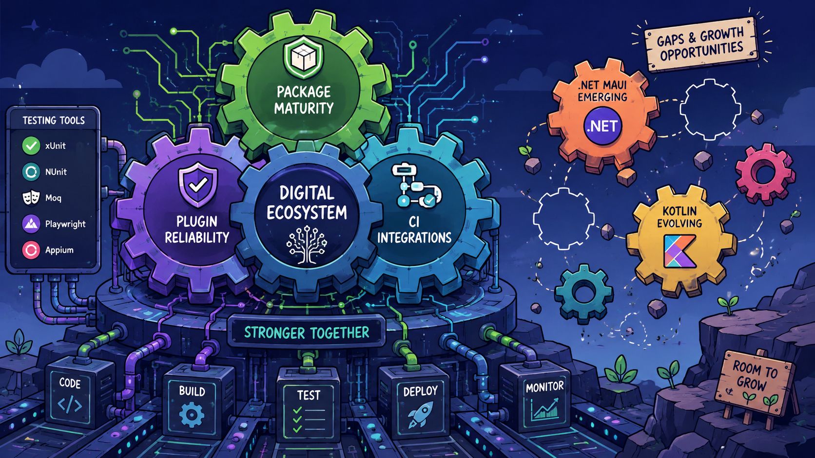 An illustration showing a digital ecosystem with interlocking gears representing development stages and testing tools.