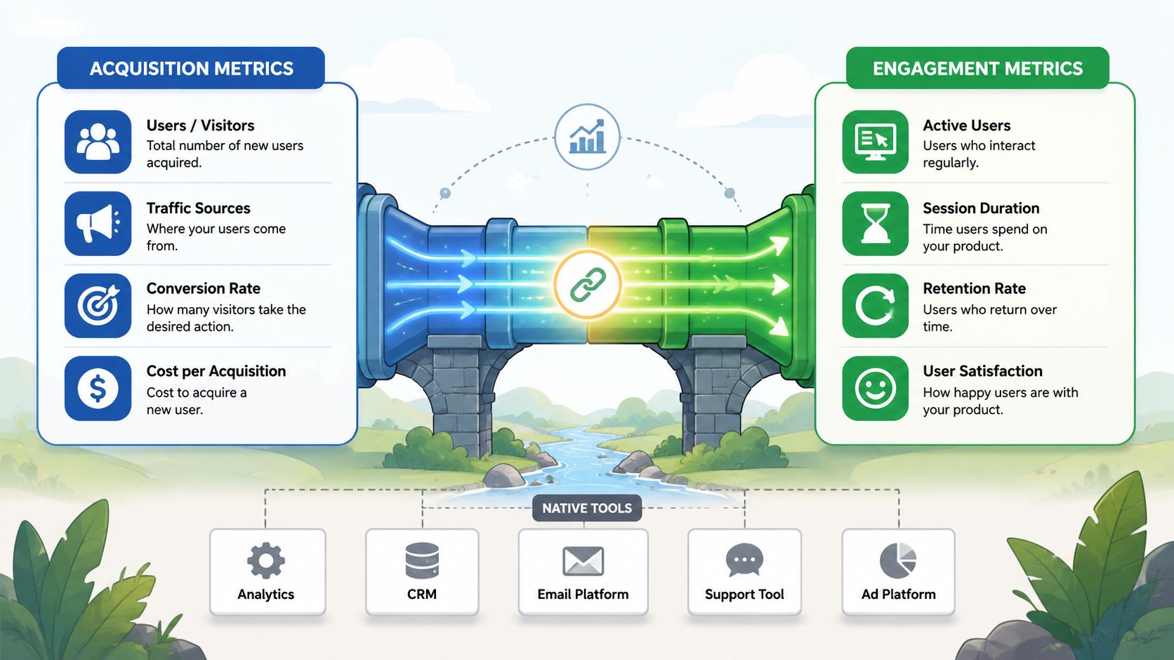 A diagram comparing acquisition and engagement metrics for mobile apps with supporting native marketing and analytics tools.