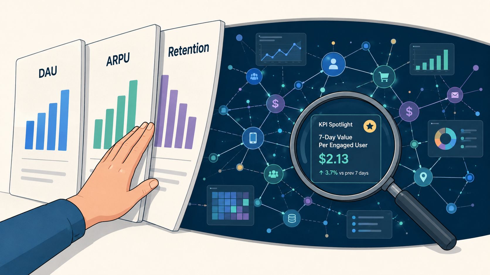 A hand examines business charts while a magnifying glass highlights specific user engagement data and network analytics.