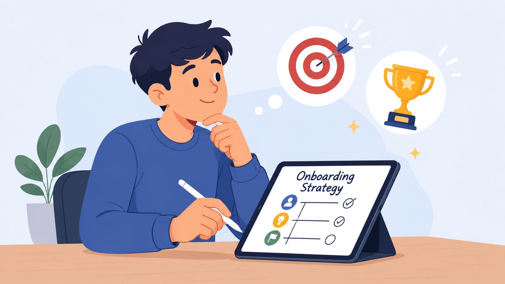 A person planning an onboarding strategy on a tablet with target and trophy icons for goals.