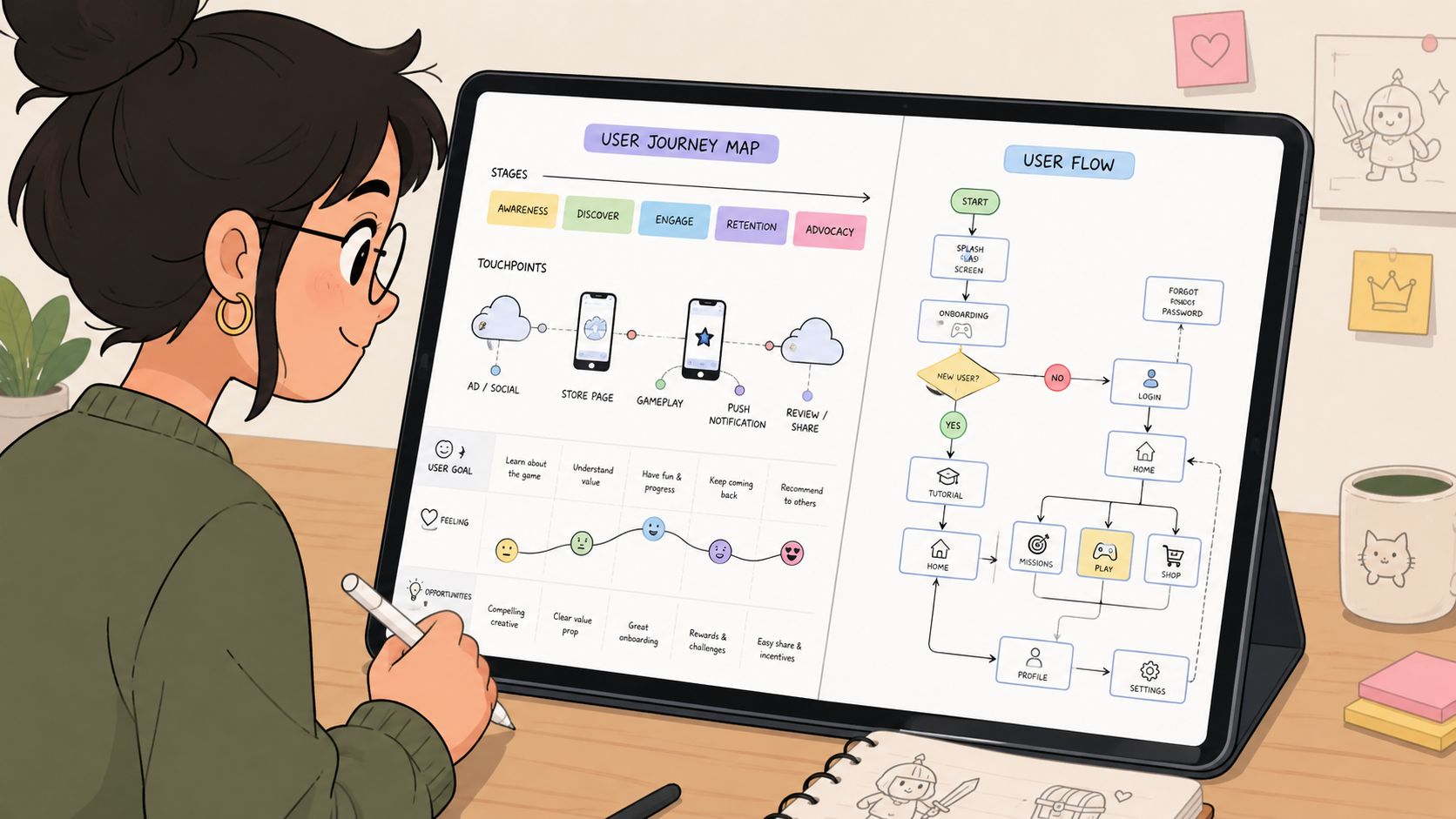 A digital artist drawing a user journey map and user flow diagram on a large tablet screen.