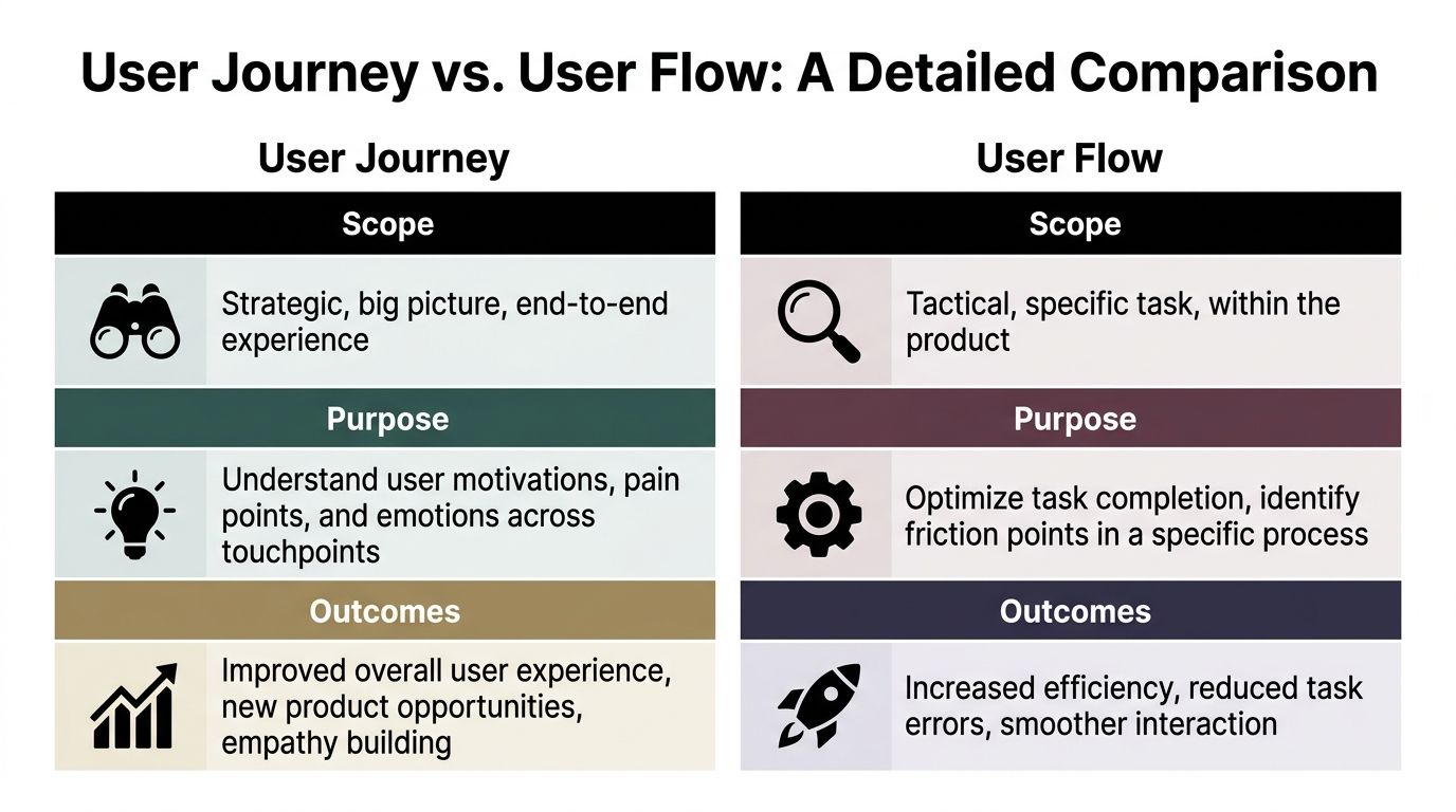 A comparison table contrasting the scope, purpose, and outcomes of user journeys and user flows in design.