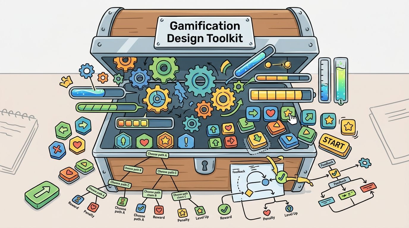 An illustrated treasure chest filled with gears, game UI elements, progress bars, and decision trees for gamification.