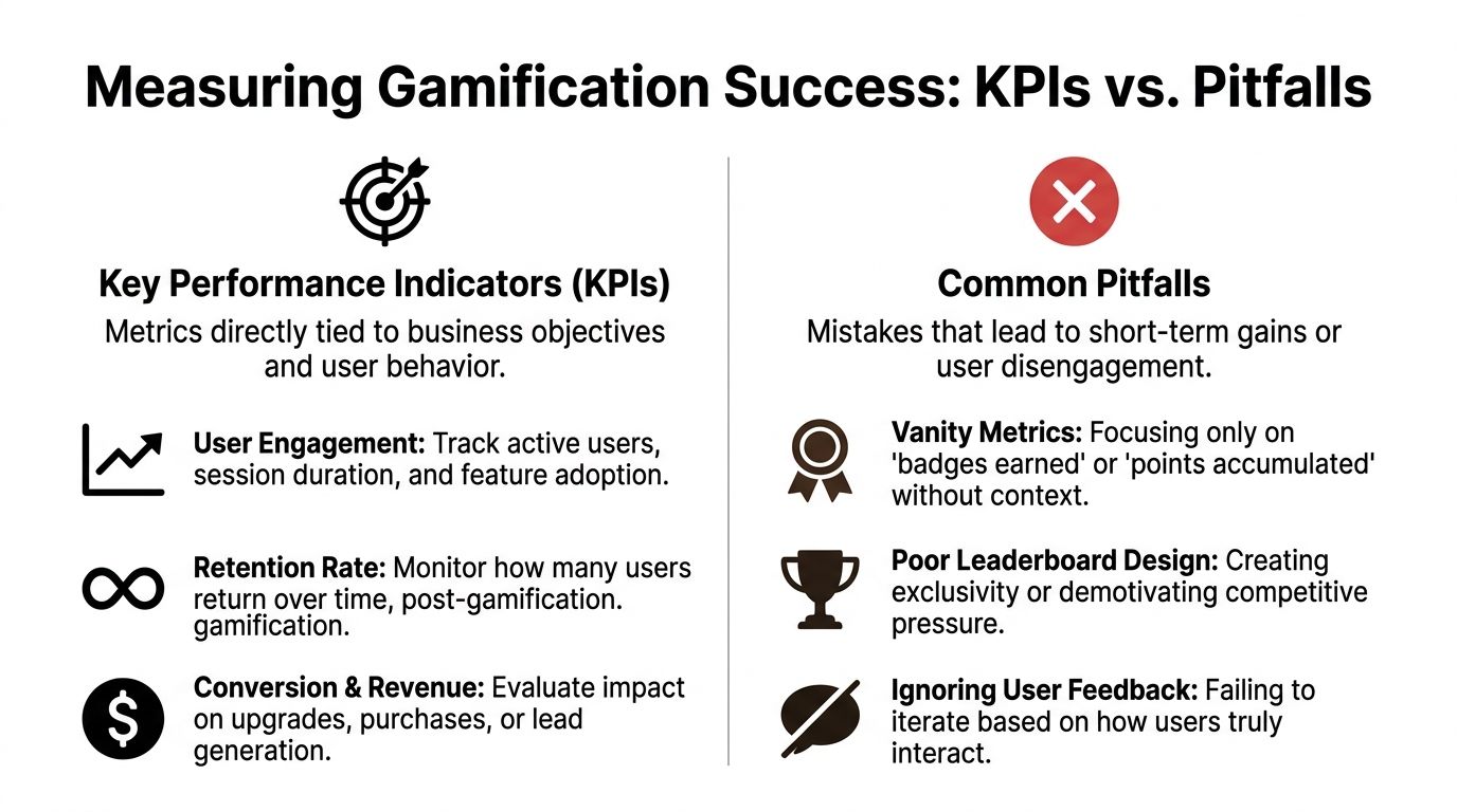 A comparison chart highlighting key performance indicators for gamification and common pitfalls to avoid during development.