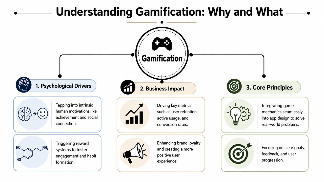 An infographic titled Understanding Gamification explaining psychological drivers, business impact, and core principles with icons and text.