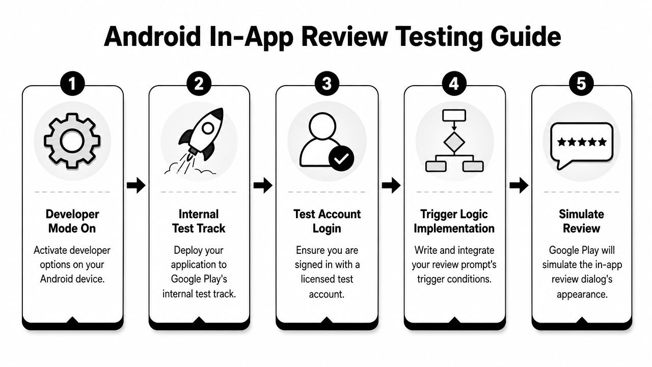 A five-step infographic guide detailing the process for testing Android in-app reviews on a device.