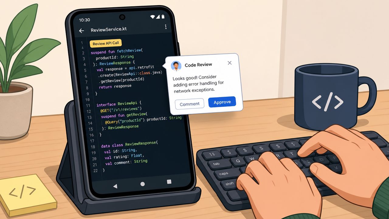 A smartphone on a stand displays Android code for an app review while hands type on a keyboard.