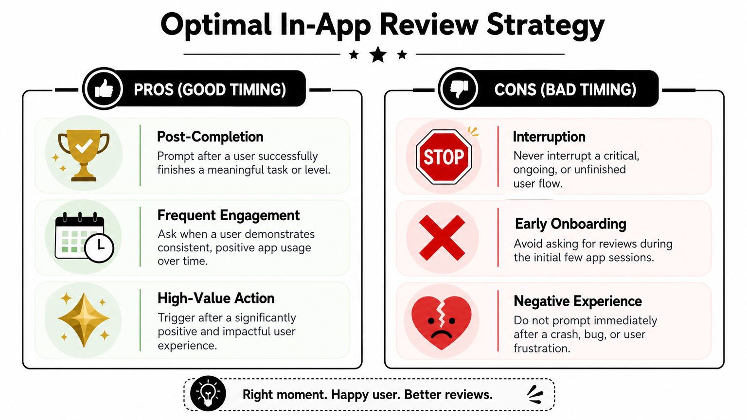 An infographic showing optimal in-app review strategy tips for pros and cons of mobile app prompts.