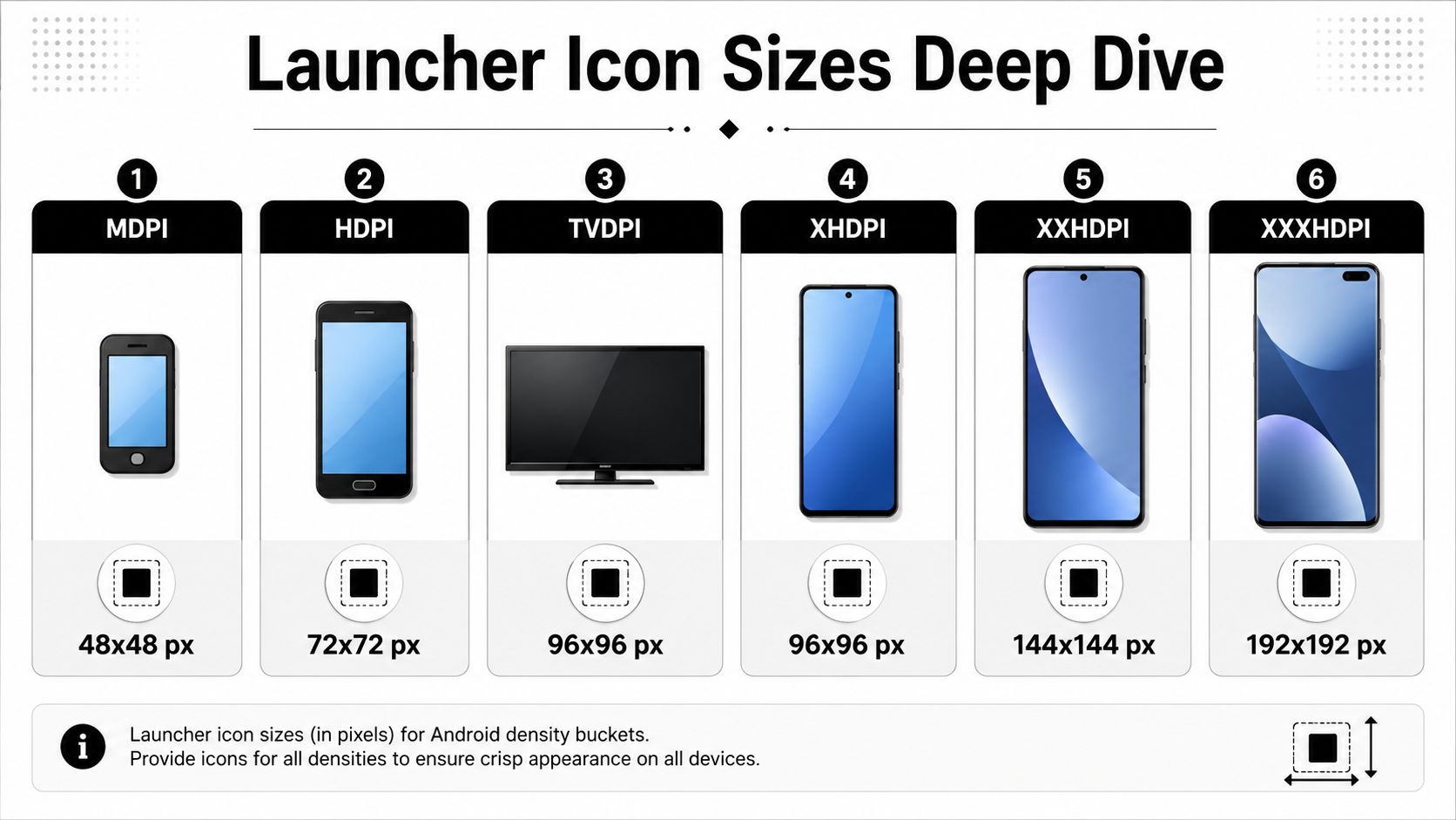 A chart showing standard Android launcher icon pixel dimensions for different screen density buckets, from MDPI to XXXHDPI.