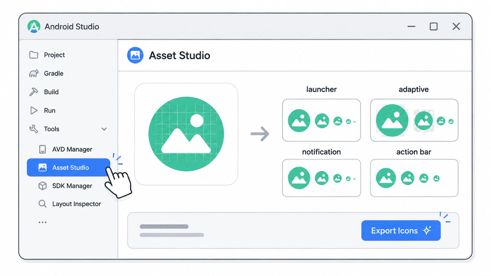 Android Studio interface showing the Asset Studio tool with generated icon sizes for various application purposes.