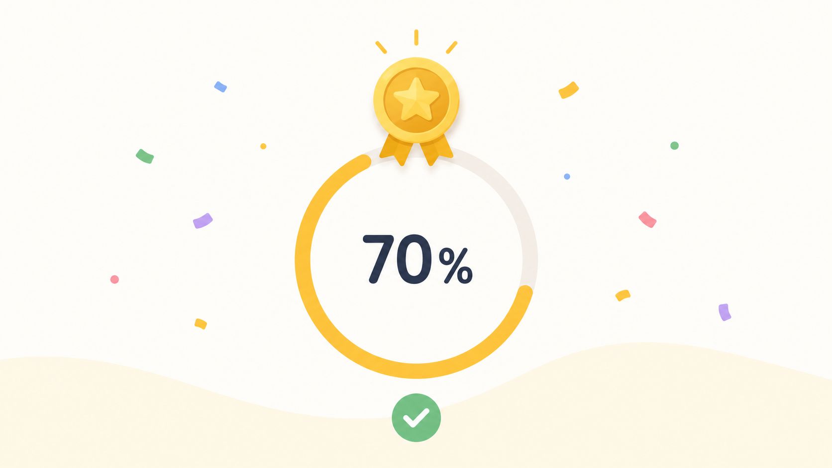 A digital progress ring displaying seventy percent completion with a gold achievement badge and celebratory confetti particles.