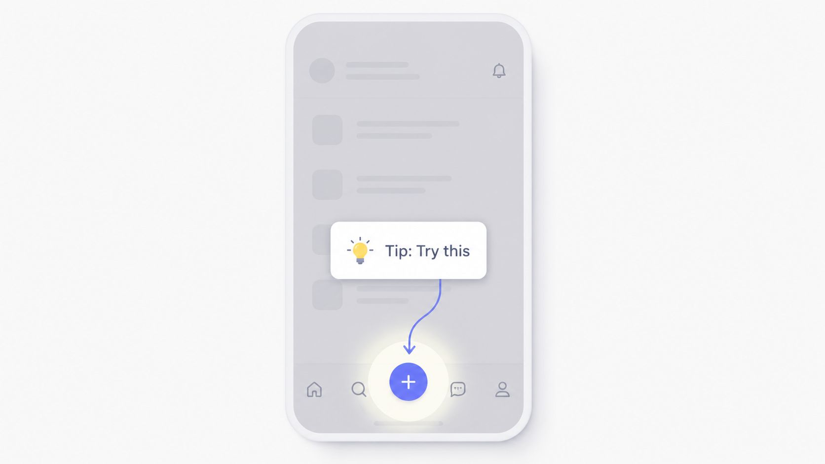 A mobile app interface displaying an educational tooltip pointing to the central floating action button.