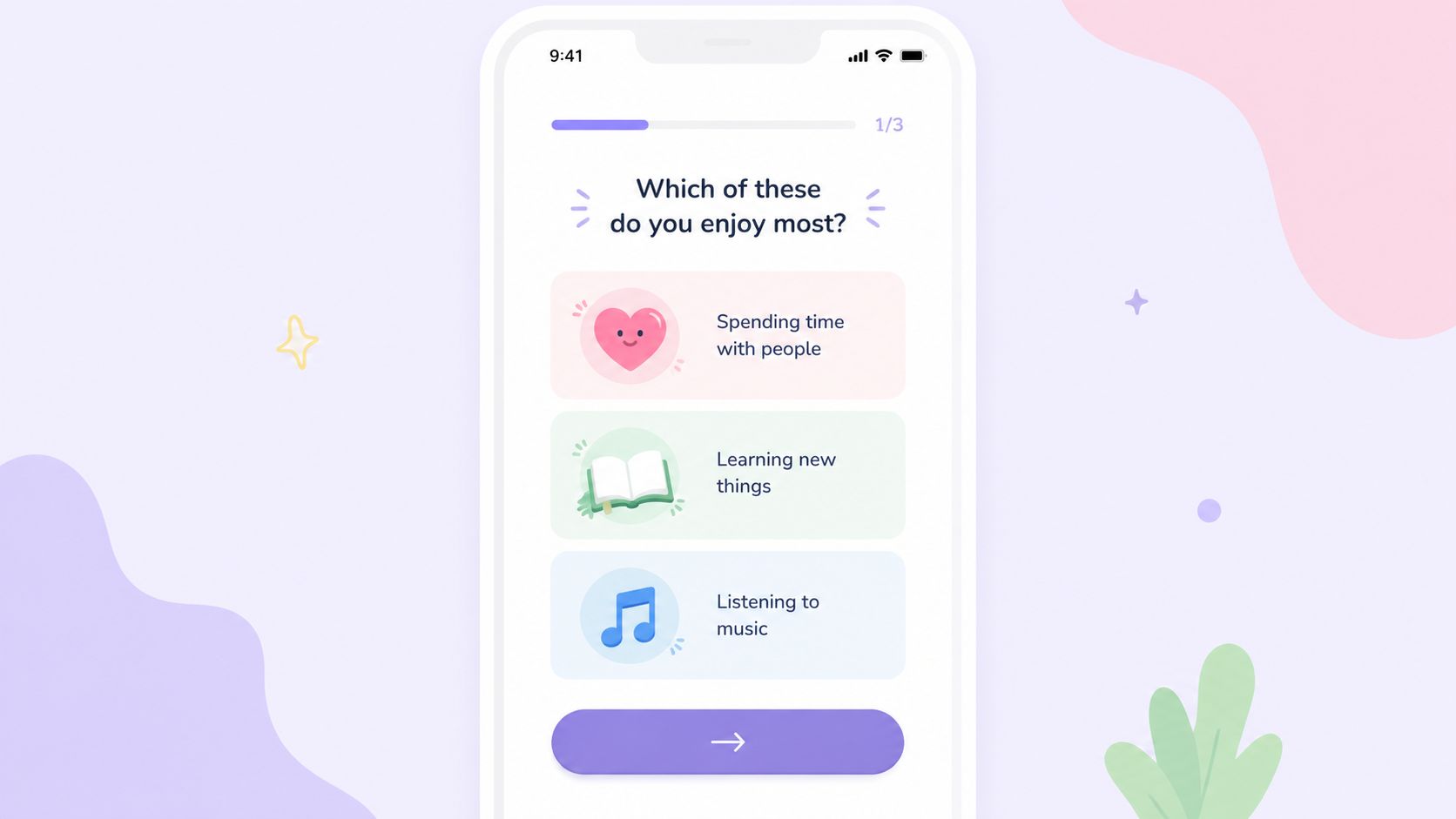 A mobile app onboarding screen featuring a questionnaire asking users about their hobbies and interests.