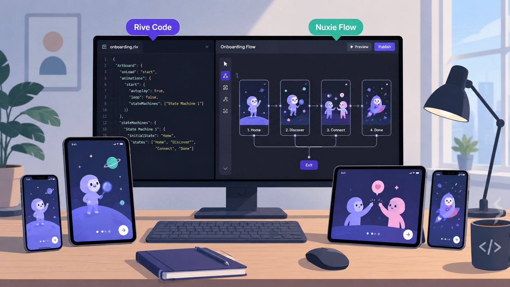 A computer monitor displaying code and interactive animated onboarding screens for a mobile application development project.